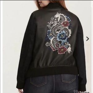 Faux leather embroidered bomber jacket